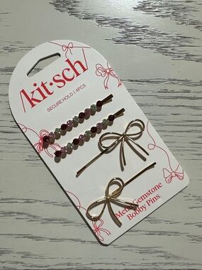 Kitsch Pink Gemstone & Gold Bow Metal Bobby Pins - 4 Pack
